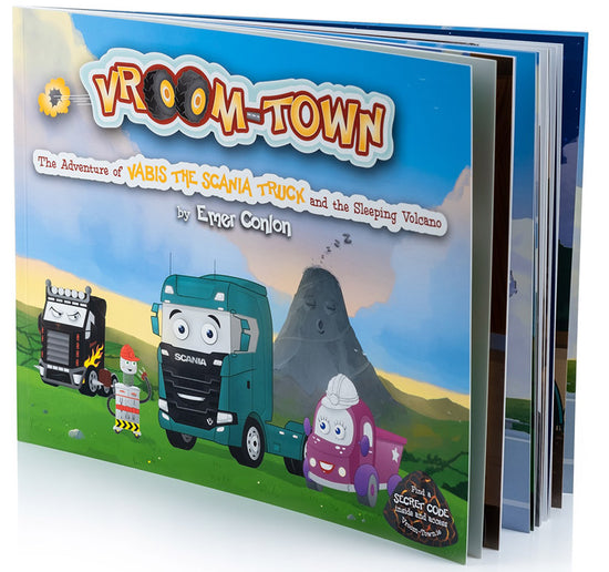 Vroom-Town: The Adventure of Vabis the Scania Truck and the Sleeping Volcano Dust - kidscars.ie