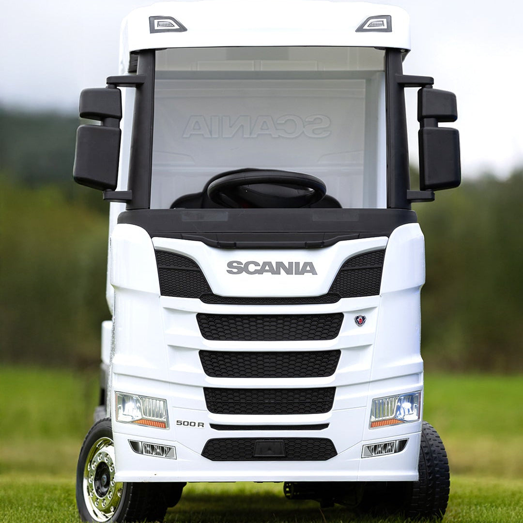 Scania White Ride On Truck &amp; Trailer for Kids | 24V – kidscars.ie