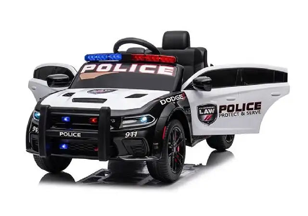 Kids’ 12V Black / White Electric Dodge Police Car – With Microphone, Parental Control & Safety Features - kidscars.ie