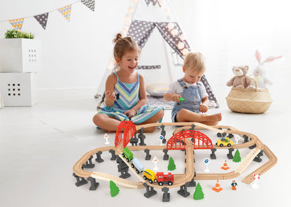 Leo & Friends Wooden Railway Bridge Set – 107-Piece Toy Car Playset - kidscars.ie - [Kids Electric Cars]