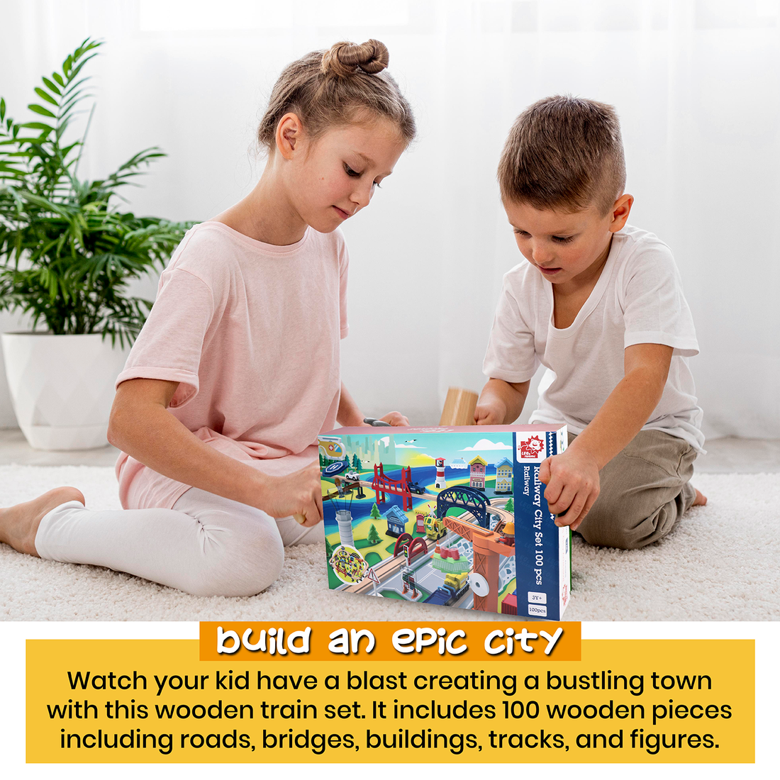Leo & Friends Railway City Set – 100-Piece Wooden Train & Building Block Kit for Kids 3+ - kidscars.ie - [Kids Electric Cars]