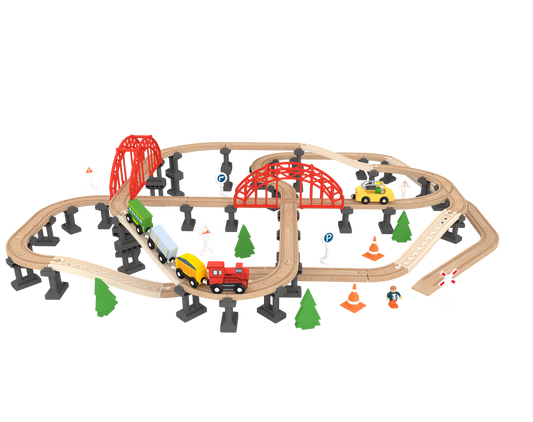 Leo & Friends Wooden Railway Bridge Set – 107-Piece Toy Car Playset - kidscars.ie - [Kids Electric Cars]