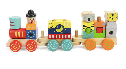 Leo & Friends Wooden Block Train Stacking Set – 17-Piece Pull-Along Toy - kidscars.ie - [Kids Electric Cars]