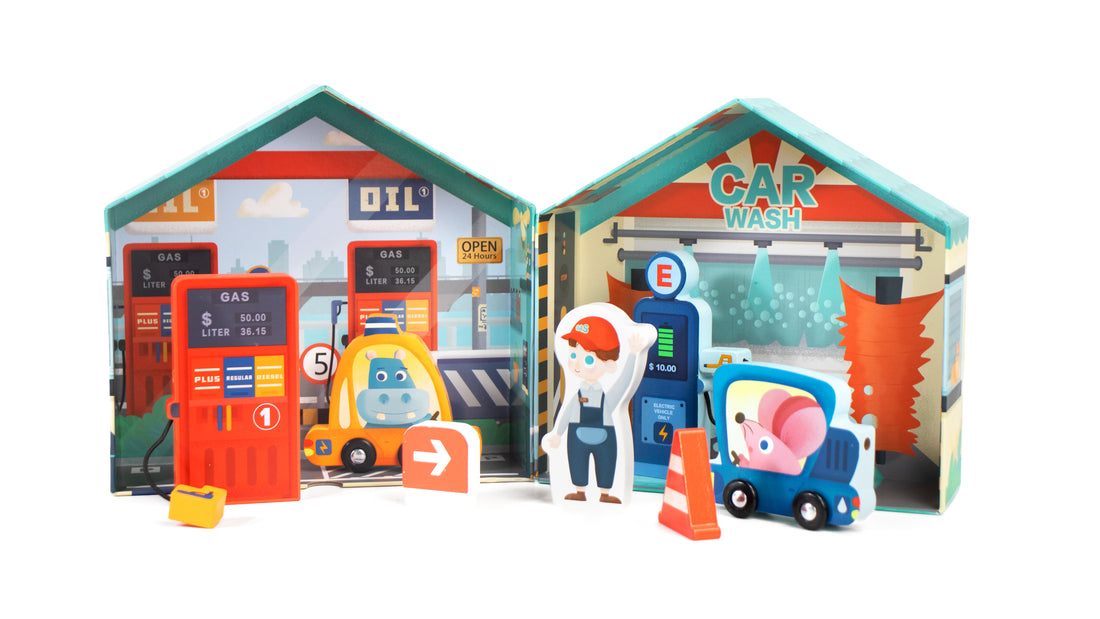 City Gas Station 10-Piece Wooden Pretend Play Set for Kids 3+ - kidscars.ie - [Kids Electric Cars]
