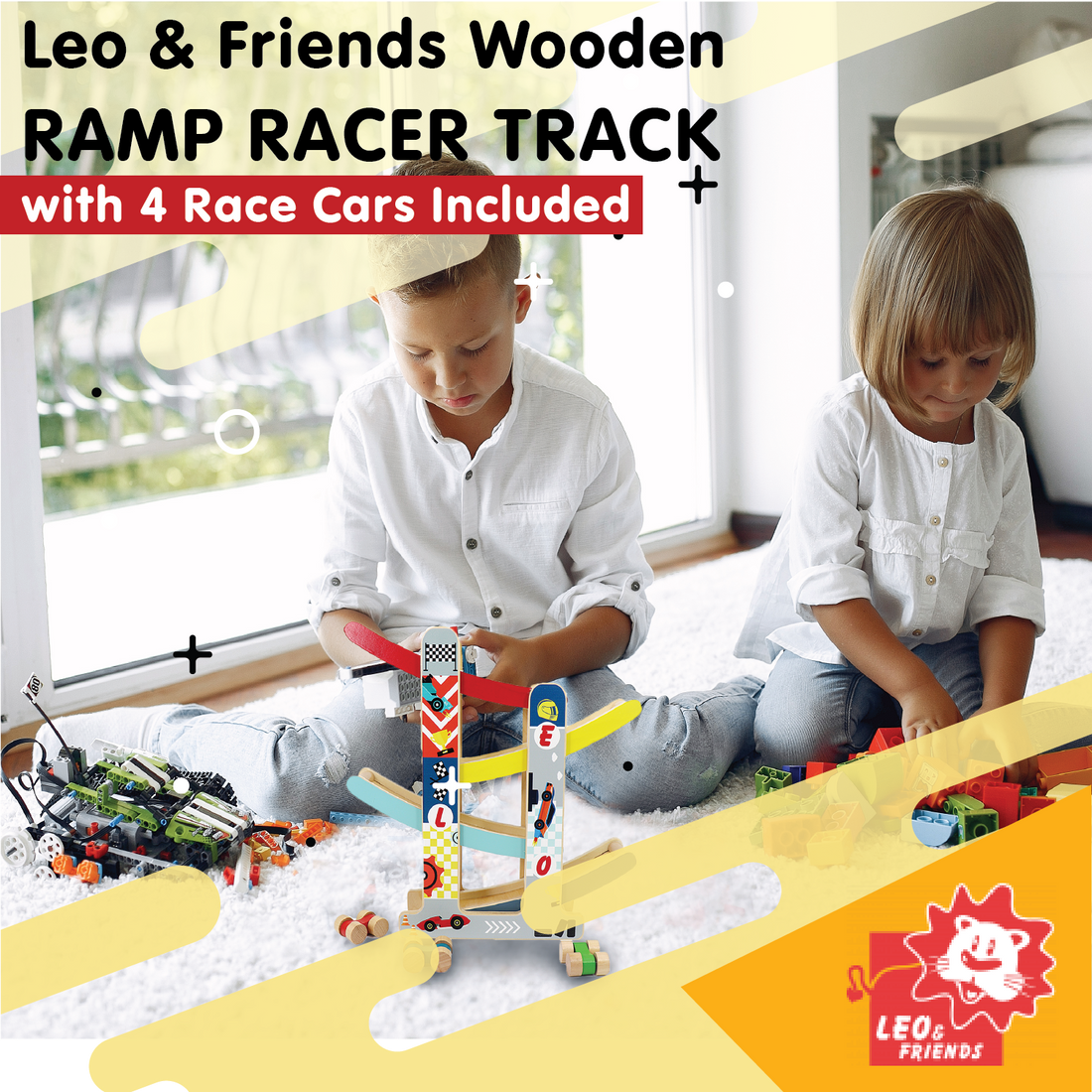 Leo & Friends Wooden Ramp Racer Track with 4 Cars - kidscars.ie - [Kids Electric Cars]