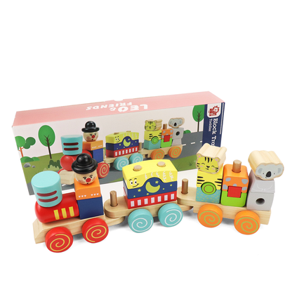 Leo & Friends Wooden Block Train Stacking Set – 17-Piece Pull-Along Toy - kidscars.ie - [Kids Electric Cars]