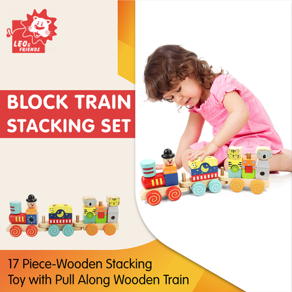 Leo & Friends Wooden Block Train Stacking Set – 17-Piece Pull-Along Toy - kidscars.ie - [Kids Electric Cars]