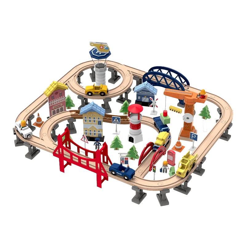 Leo & Friends Railway City Set – 100-Piece Wooden Train & Building Block Kit for Kids 3+ - kidscars.ie - [Kids Electric Cars]