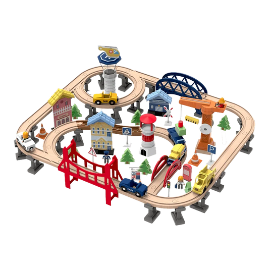 Leo & Friends Railway City Set – 100-Piece Wooden Train & Building Block Kit for Kids 3+ - kidscars.ie - [Kids Electric Cars]