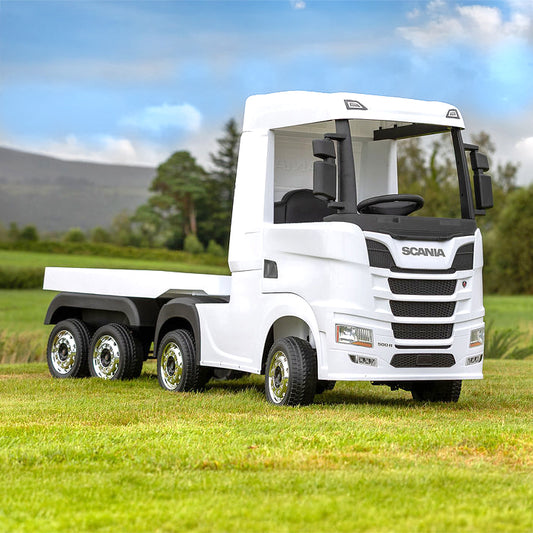 Scania White Ride On Truck & Trailer for Kids | 24V - kidscars.ie - [Kids Electric Cars]
