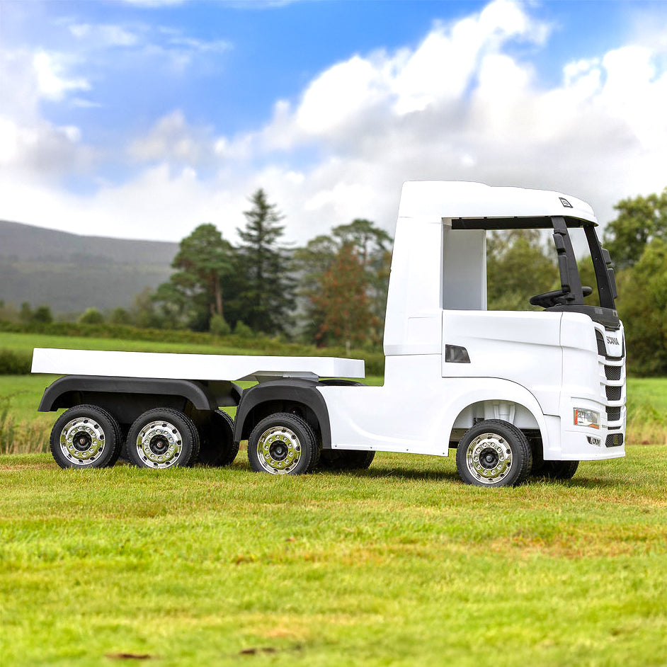 Scania White Ride On Truck & Trailer for Kids | 24V - kidscars.ie - [Kids Electric Cars]